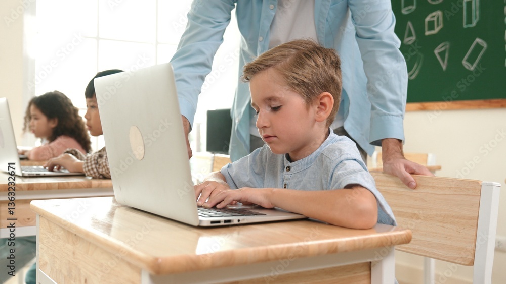 Poster caucasian teacher helping energetic boy coding engineering prompt while diverse student using softwa