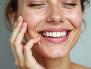 Obraz premium Close-up portrait of young beautiful smiling female touching cheeks with fingers as if applying skincare cream