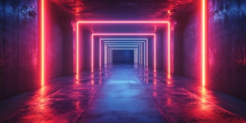 Neon lights illuminate a futuristic corridor with vibrant colors at an underground location