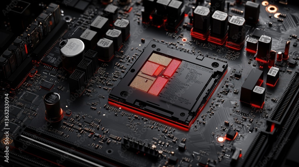 Poster close-up view of a circuit board showcases various electronic components, including capacitors and a