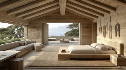 Fototapeta premium Spacious room features natural wood elements and large windows revealing a tranquil lake landscape at dawn, creating a peaceful retreat atmosphere focused on simplicity