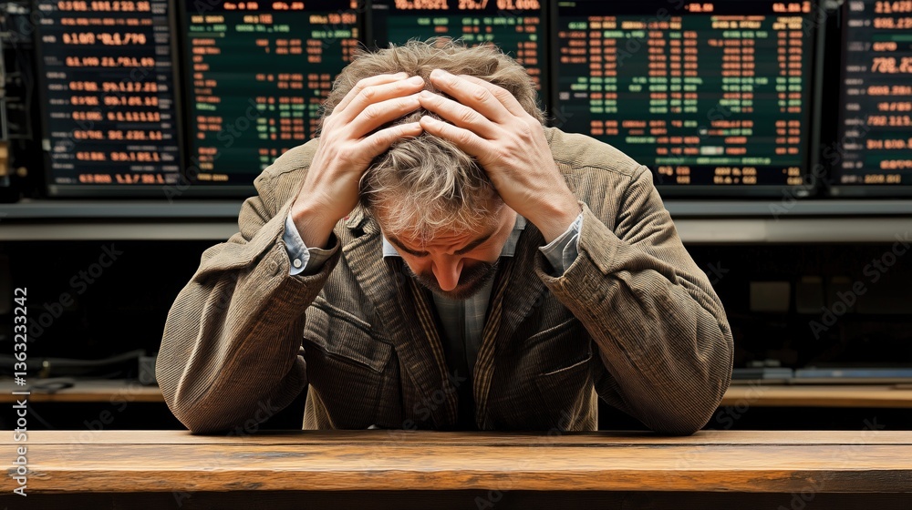 Aufkleber trader sits at a desk with hands on head, reflecting the stress of fluctuating stock prices in a bus
