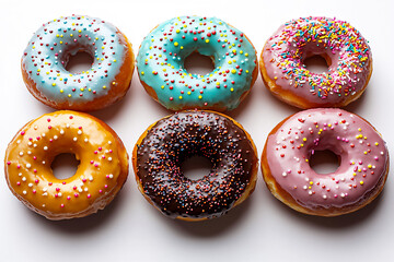 top-down shot of five colorful donuts with various glazes and sprinkles ar