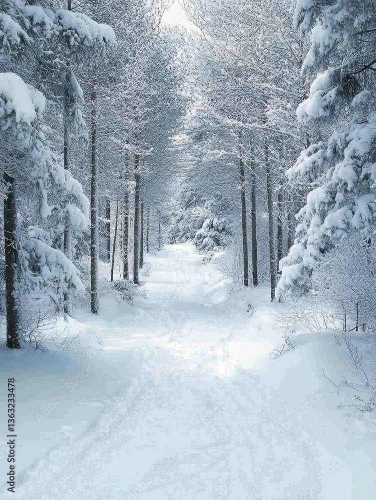 Poster serene winter wonderland scene of snow covered trees lining a path in a forest creating a peaceful a