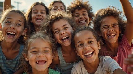 Fototapeta premium A close-up shot of a diverse group of kids, each with different facial expressions, under natural sunlight. Warm tones and a sense of joyful unity and togetherness.