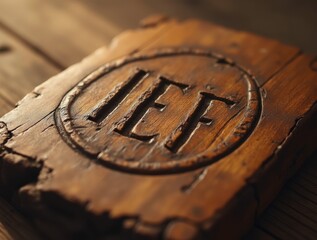 Equality symbol etched into a wooden surface under warm lighting, captured in a realistic style.