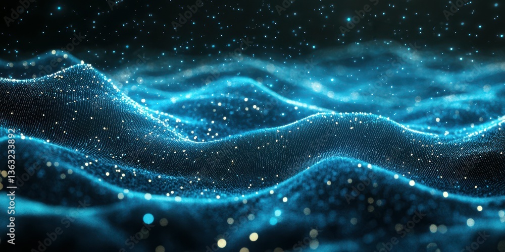 Poster waves of glowing particles create a mesmerizing visual display in a dark, cosmic space