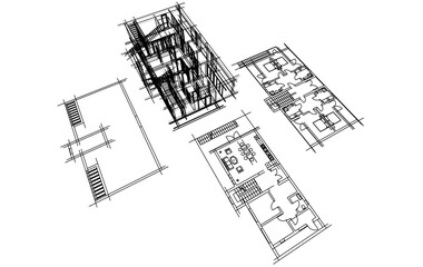 Contemporary Architectural Wireframe Sketch - Residential and Commercial Buildings - Vector Illustration