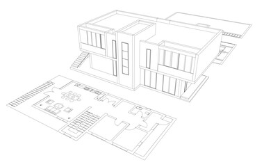 Contemporary Architectural Wireframe Sketch - Residential and Commercial Buildings - Vector Illustration