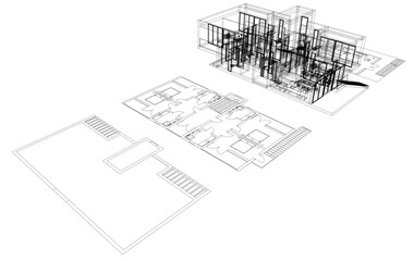 Contemporary Architectural Wireframe Sketch - Residential and Commercial Buildings - Vector Illustration