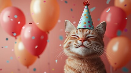 Happy cat wearing a colorful party hat surrounded by balloons and confetti.