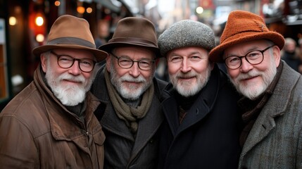 Fototapeta premium Four elderly men stand closely together, showcasing their unique hats and warm smiles in a bustling market. lively atmosphere is enhanced by charming shops and lights