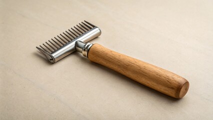 Naklejka premium Stainless steel wool combing tool with ergonomic wooden handle displayed on neutral beige background for textile processing or grooming use