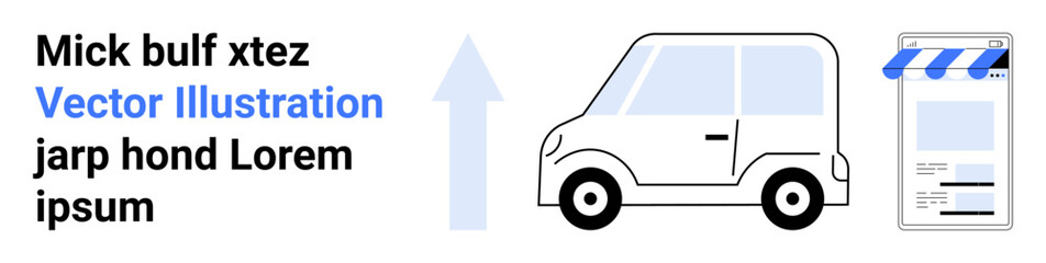 Small car moving towards storefront with upward arrow, representing growth, e-commerce, delivery, or progress. Ideal for business, logistics, mobility, online shopping delivery services urban