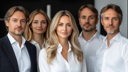 Fototapeta premium Five professionals, dressed in formal attire, stand together in a sleek, modern office. They are smiling and exude confidence, showcasing teamwork and collaboration in a bright environment