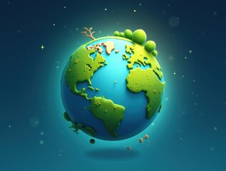 Fototapeta premium A vibrant illustration of a green planet with lush forests and oceans, floating in space. The glowing atmosphere and stars emphasize environmental sustainability and the beauty of nature.