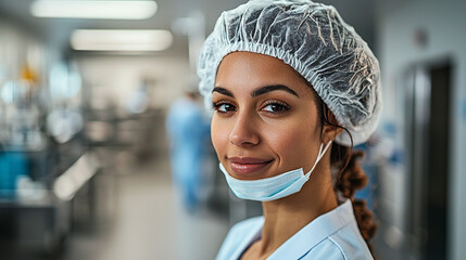 Smiling woman with mask on chin, hairnet, in a sterile, brightly lit hallway