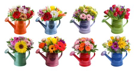Colorful watering cans filled with vibrant seasonal flower arrangements, PNG bundle collection, Isolated on Transparent Background