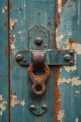 Weathered Teal Door with Rusty Iron Latch Evokes Vintage Charm and Industrial Texture Capturing Time and Decay with Close Up Detail