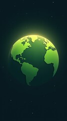 Fototapeta premium Minimalistic illustration of a green planet, clean lines and simple shapes, surrounded by soft glowing light in a dark space background, focus on environmental sustainability and ecological balance