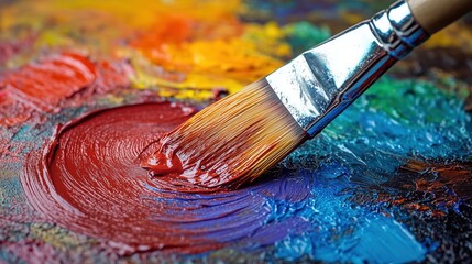 Fototapeta premium brush glides through bright red paint on a textured palette, surrounded by vivid colors showcasing the artists creative process in a studio filled with inspiration