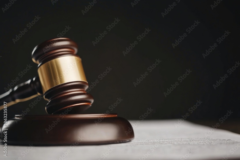 Poster capture close-up image of gavel resting on financial document illuminated by soft light with ample c