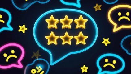 Fototapeta premium Neon customer rating icons with glowing star feedback speech bubbles