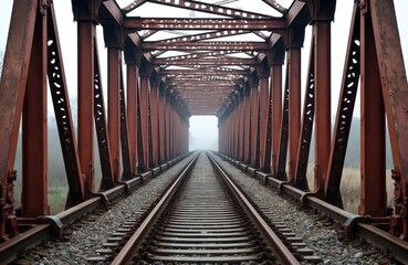 Fototapeta premium Railway bridge symmetrical perspective. Old rusty metal construction over rail track. Foggy atmosphere. Transportation infrastructure. Architectural landmark urban landscape. Journey forward to light.