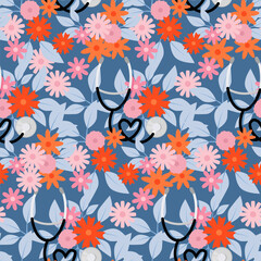 Seamless pattern of simple flowers and leaves with stethoscope for National Nurses Day