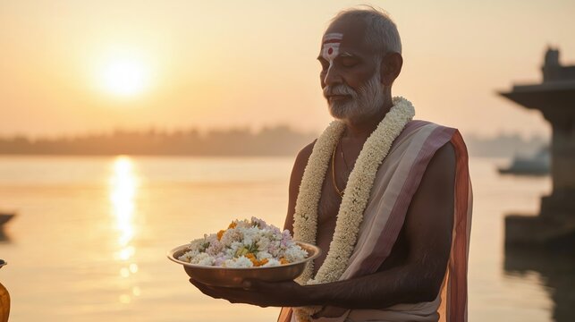 Devotee Offering Flowers to Deity at Dawn in Hindu Rituals