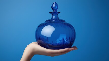 person gently holds a beautifully crafted blue glass jar with an elegant lid against a bright blue background. jar reflects light, highlighting its intricate details and smooth surface