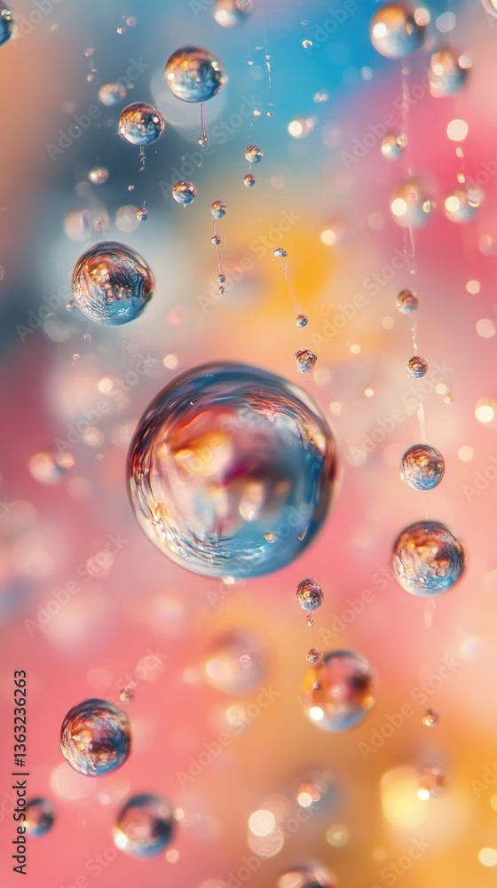 Poster captivating macro shot of water droplets suspended in air with colorful blurred background creating 