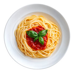 Delicious spaghetti topped with fresh tomato sauce and basil leaves isolated over transparent background, PNG cut-out