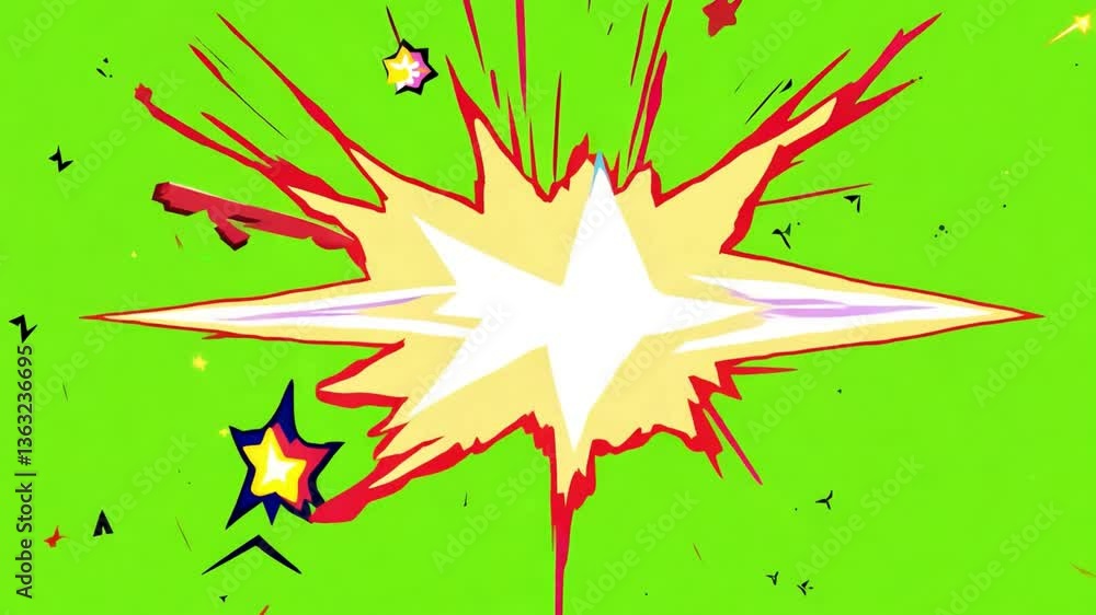 Poster explosion on green screen: dynamic animation of a powerful explosion, featuring a starburst effect w