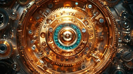 Obraz premium A close-up view reveals a complex arrangement of golden gears and mechanisms, showcasing the intricate craftsmanship and vibrant colors of steampunk aesthetics