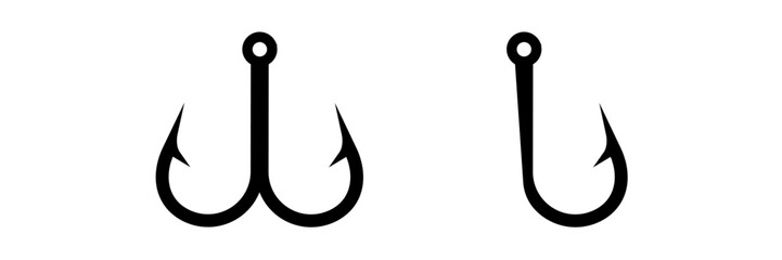 Black fishing hooks with distinct single and double hooks designs. simple and iconic angling tools.