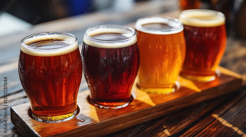Poster four glasses of craft beer in varying shades are arranged on a wooden tray. setting is a rustic brew
