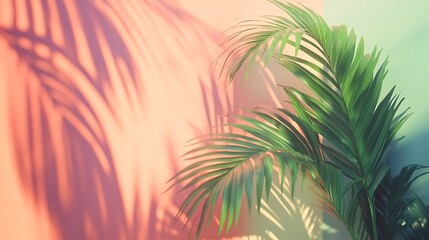 Palm leaves shadow pastel wall.