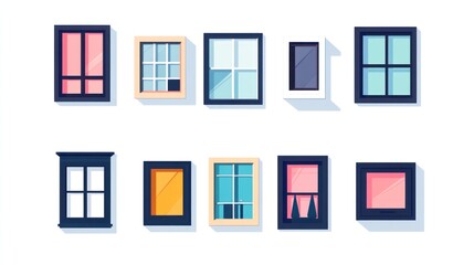 Colorful window styles, building facade, urban design, architectural elements, illustration