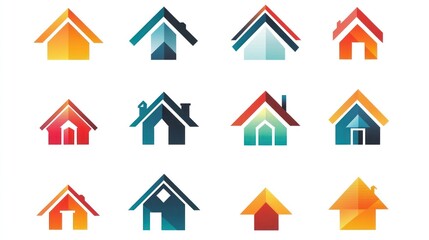 Colorful house icons; real estate, home, property symbols; white background; website design