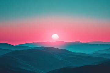 Serene mountain landscape at sunset with vibrant pink and teal hues creating a peaceful and calming atmosphere at dusk