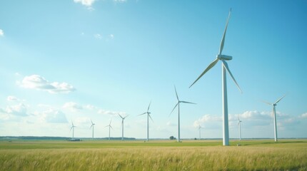 Wind turbines standing tall in a wide open field under bright sunlight and a blue sky with scattered clouds, generating renewable energy. 
