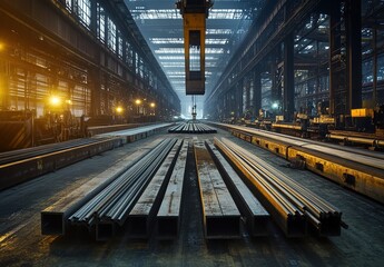 Fototapeta premium Industrial warehouse interior with stacked steel materials , natural light from skylights and side windows