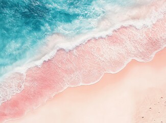 Obraz premium Aerial View of Pink Sand Beach with Turquoise Ocean Water Crashing
