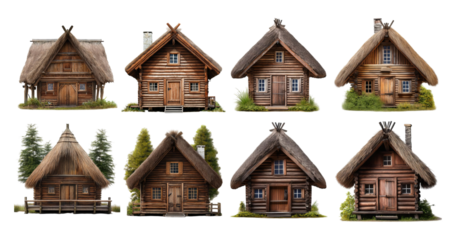 Charming Traditional Cottages with Thatched Roofs and Rustic Appeal, PNG bundle collection, Isolated on Transparent Background
