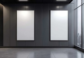 Obraz premium Modern elevator lobby with dark gray walls, marble floor, two blank advertisement boards