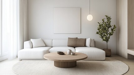 A simple modern interior with white walls, a light-colored sectional, and a round wooden table creating a cozy yet elegant environment.