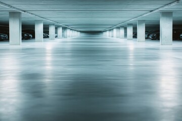 Obraz premium dimly lit underground parking garage with few cars sparsely occupying spaces leaving ample copy space