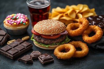Unhealthy food choices: a hamburger, onion rings, potato chips, donut, and chocolate.