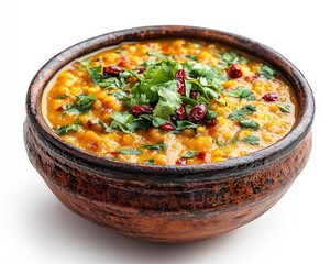 Vibrant bowl of lentil stew garnished with fresh herbs and spices